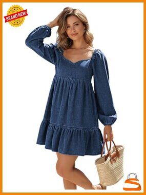 Women's Denim Mini Dress Cotton Puff Sleeve Casual A-Line